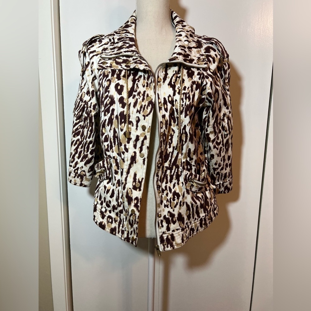 Just B Leopard Print Crop Jacket Women’s Size M Gold Metallic Accents 3/4 Sleeve - Picture 3 of 9